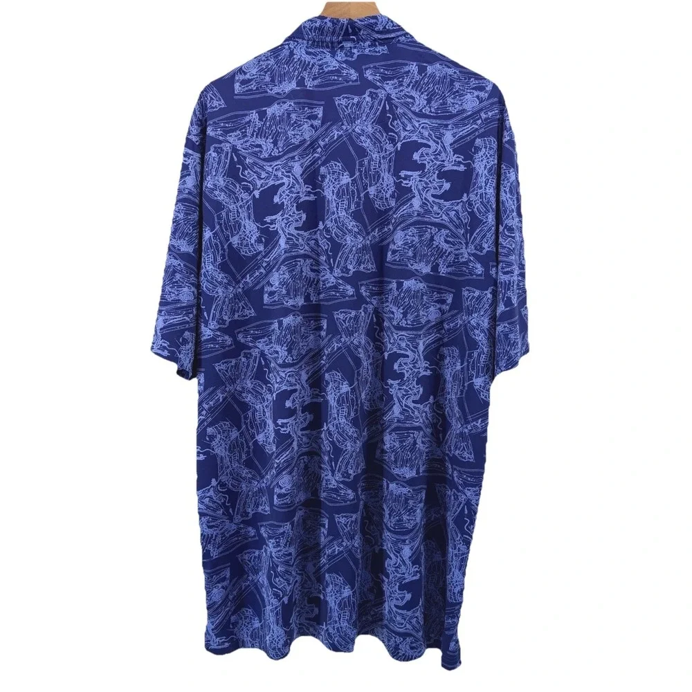 Donald Ross Polo Shirt Mens XL Blue Topographical Print Performance Golf Stretch